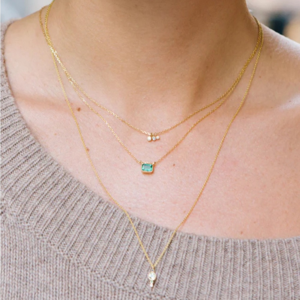 14K Gold Moon Drop Charm Necklace – Green Sapphire, Aquamarine & Diamond - Picture 3 of 3